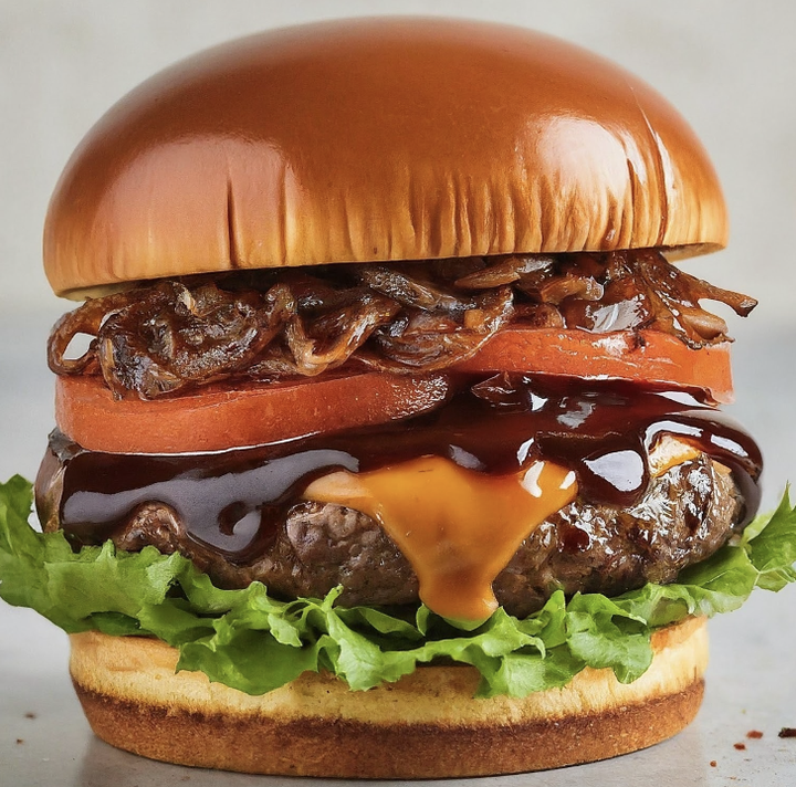 B-More Mojo signature burger with cheddar, caramelized onions, lettuce, tomato, and barbecue sauce